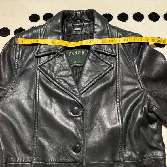 Vintage 90s Danier Black Leather Blazer Trench Coat Overcoat Longline Jacket - Picture 10 of 16
